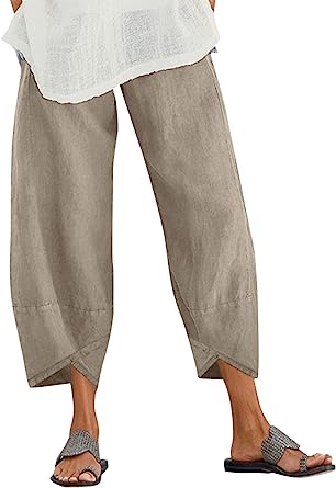 ZANZEA Womens Casual Trousers Cotton Linen Cropped Pants Loose Fit Straight Elasticated Waist Chino Bottoms with Pocket