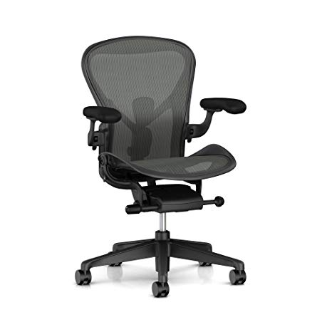 Herman Miller Aeron Task Chair: Tilt Limiter - PostureFit SL - Height Adj Plus Pivot Arms - Black Vinyl Armpad - Carpet Caster