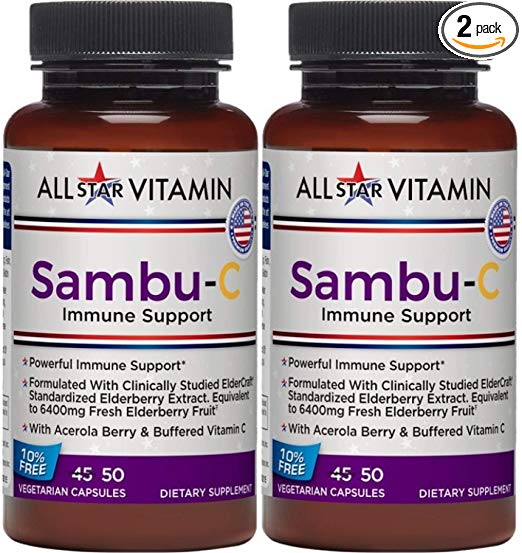 Sambu-C Immune Support, Elderberry Extract 200mg, Buffered Vitamin C 375mg, Acerola Berry 100mg, 50 Veggie Caps, 2 Pack 100 Total, NON-GMO, Vegan, All-Star Vitamin