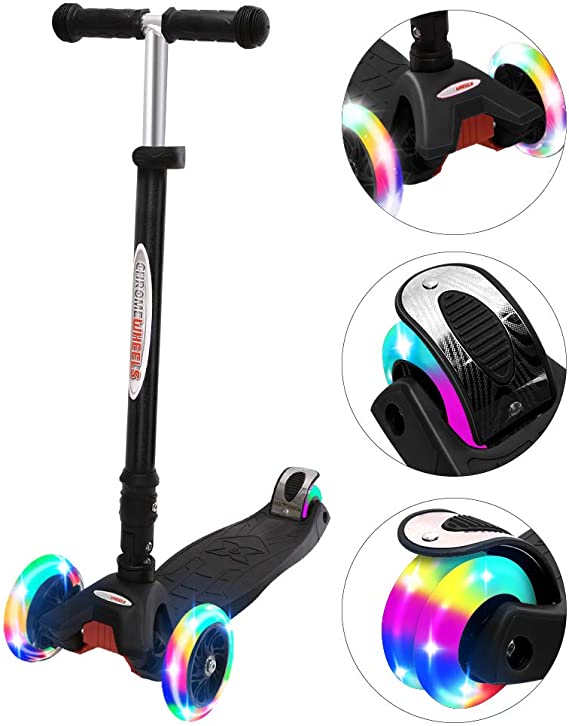 ChromeWheels Scooters for Kids, Deluxe Kick Scooter Foldable 4 Adjustable Height 132lbs Weight Limit 3 Wheel, Lean to Steer LED Light Up Wheels, Best Gifts for Girls Boys Age 3-12 Year Old