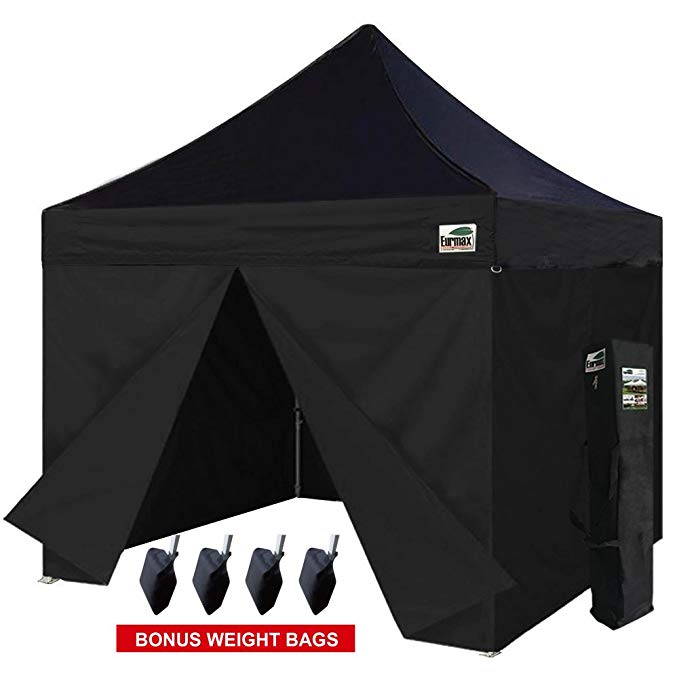 Eurmax 10 x 10 Ez Pop up Canopy Outdoor Party Commercial Tent with 4 Zippered Side Walls and Carry Bag, Bonus Sand Weight Bags