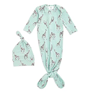 aden   anais Comfort Knit Knotted Newborn Baby Gown and Hat, Super Soft Cotton with Spandex, Infant Gown with Fold Over Mitten Cuffs, 2 Piece Set, 0-3 Months, Jade Giraffes