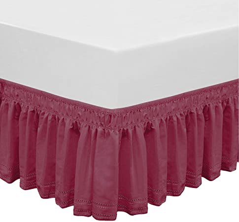 QSY Home Wrap Around Elastic Eyelet Bed Skirts 14 1/2 Inches Drop Dust Ruffle Three Fabric Sides Easy On/Easy Off Adjustable Polyester Cotton(Burgundy Queen/King)