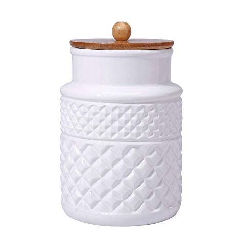 Ceramic Food Storage Jar with Airtight Seal Wooden Lid - Modern Design White Ceramic Kitchen Canister for Serving Tea, Coffee, Spice, Sugar, Salt and More