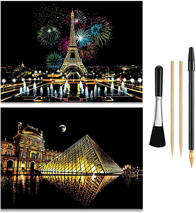 Scratch & Sketch Art Paper(16”x 11.2”) for Kids & Adults, Rainbow Painting Night View Scratchboard, Painting Gift, Craft Kits : 2 Sheets Scratch Cards & Drawing Pen, Clean Brush (Paris & Louvre)