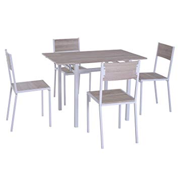 HOMCOM 5 Piece Expanding Drop Leaf Dining Table and Chairs Set- Light Grey/White