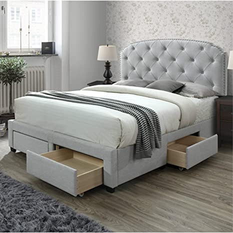 DG Casa Argo Upholstered Panel Bed Frame with Storage Drawers and Diamond Button Tufted Nailhead Trim Headboard, Full Size in Platinum Fabric