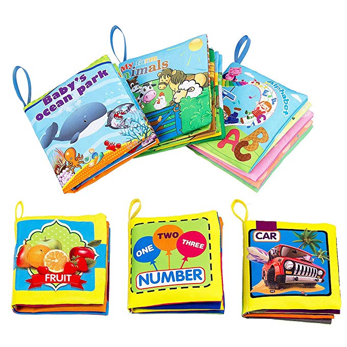 Biubee 6 Packs Soft Cloth Books Toys Set for Baby - Non -Toxic Early Educational Books of Numbers, Alphabets and more