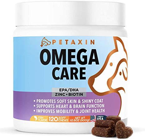 Petaxin Omega Fish Oil for Dogs - Skin and Coat Supplement Chews with EPA, DHA, and Omega-3 Fatty Acids - for Shiny Coats, Itch Free Skin, Hip & Joint Support, Heart & Brain Health - 120 Soft Chews