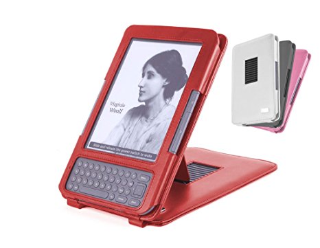 DURAGADGET Genuine Leather Case/Cover With Adjustable Stand For Amazon Kindle 3 Keyboard Red