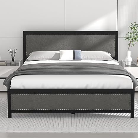 VECELO Queen Size Bed Frame with Linen Fabric Headboard and Footboard, Heavy-Duty Platform with Strong Steel Slats, No Box Spring Needed, Easy Assembly, Grey