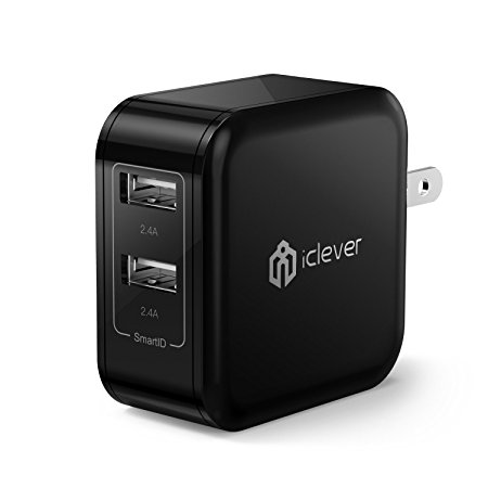 iClever BoostCube 4.8A 24W Dual USB Travel Wall Charger with SmartID Tech and Foldable Plug for iPhone Se 6S 6 Plus, iPad Pro Air Mini, Samsung S7 S6 Edge Note 5 4, LG G5 and More