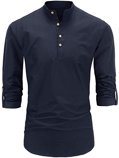 Men's Slim Fit Casual Oxford Dress Shirt Banded Collar Long Sleeve Button Down Shirts with Pocket