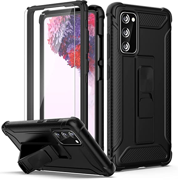 ORETech Designed for Samsung Galaxy S20 FE Case with 2 Pack Screen Protector,Heavy Duty S20 FE Case Shockproof Hard PC Soft Rubber Edge Built-in Kickstand Protective Cover for Galaxy S20 FE 6.5"Black