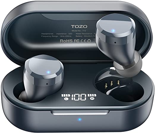 TOZO T12 Wireless Earbuds Bluetooth Headphones Premium Fidelity Sound Quality Wireless Charging Case Digital LED Intelligence Display IPX8 Waterproof Earphones Built-in Mic Headset for Sport Blue