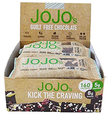 JOJO's Guilt Free Dark Chocolate With Added Protein, Pistachios, Almonds, and Dried Cranberries, NON-GMO, Gluten Free, Paleo Friendly, Low Carb, 12 1.2 Ounce Individually Wrapped Bars