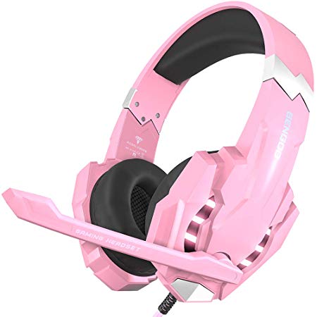 BENGOO Stereo Gaming Headset for PS4, PC, Xbox One Controller, Noise Cancelling Over Ear Headphones Mic, LED Light, Bass Surround, Soft Memory Earmuffs for Laptop Mac Nintendo Switch Games - Pink