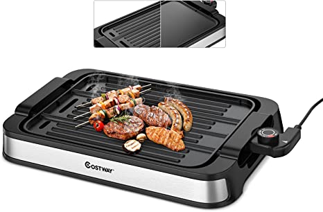 COSTWAY 2-in-1 Smokeless Indoor Grill, 1500W Electric Griddle w/ Non-stick Reversible Cooking Plate, Large Drip Tray, Temperature Control, Dishwasher-safe