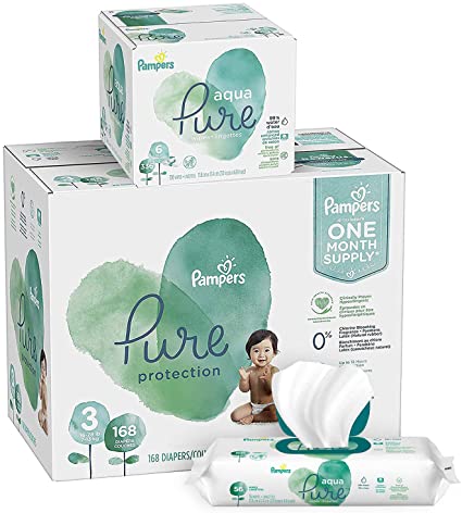 Diapers Size 3, 168 Count and Baby Wipes - Pampers Pure Protection Diapers and Aqua Pure 6X Pop-Top Sensitive Water Baby Wipes, 336 Count