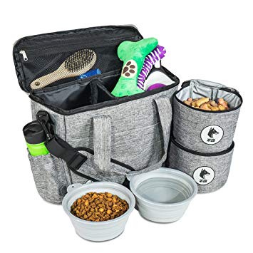 Dog Travel Bag - Airline Approved Travel Set for Dogs Stores All Your Dog Accessories - Includes Travel Bag, 2X Food Storage Containers and 2X Collapsible Dog Bowls.