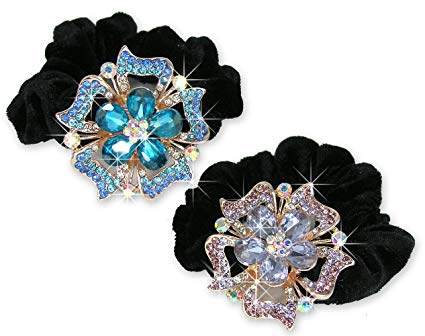 Jeweled Flower Black Elastic Hair Tie Scrunchie - Set of 2 - White Gold Color Metal with Decorative Blue and Pink Rhinestone Crystals