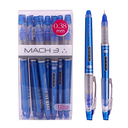 Morning Glory Mach 3 Roller Ball Pen - 0.38 mm-Fine Point Tip (Pack of 12 Pens) (Blue)