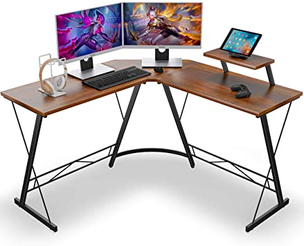 Coleshome L Shaped Desk Home Office Desk with Shelf, Gaming Computer Desk with Monitor Stand, PC Table Workstation with Shelf, Vintage