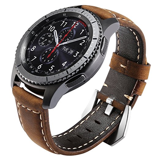 Maxjoy for Gear S3 Bands, S3 Frontier/Classic Watch Band 22mm Genuine Leather Strap Soft Replacement Wristband Bracelet with Stainless Steel Buckle Clasp for Samsung Gear S3 Sport Smart Watch, Brown