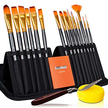 Rock Ninja 15Pcs Artist Paint Brushes Set Includes Pop-up Carrying Case,for Acrylic, Oil, Watercolor, Creative Body Paint and Gouache Painting
