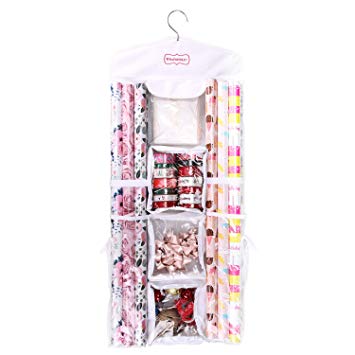 WRAPAHOLIC Hanging Gift Wrap Storage - Double Sided Wrapping Paper Storage Holder for Gift Bags, Bow, Ribbons, Wrapping Paper Rolls
