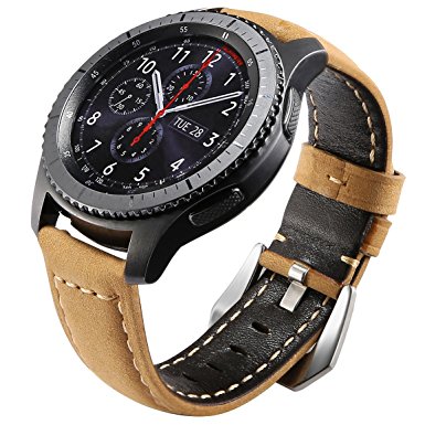 Maxjoy for Gear S3 Bands, S3 Frontier/Classic Watch Band 22mm Genuine Leather Strap Soft Replacement Wristband Bracelet with Stainless Steel Buckle Clasp for Samsung Gear S3 Sport Smart Watch, Camel