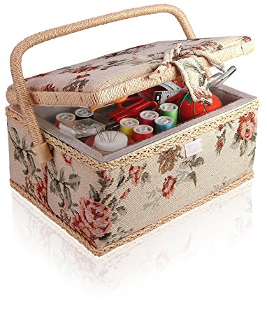 Classic Fabric Floral Design Sewing Basket with Sewing Kit Accessories