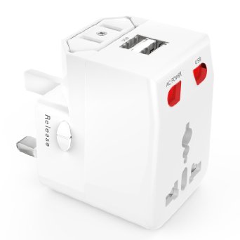 MoKo Universal Travel Adapter All in One World-wide AC Power Charger Converter Plug for UK US AU EU with Fuse and Dual USB Ports 21A White