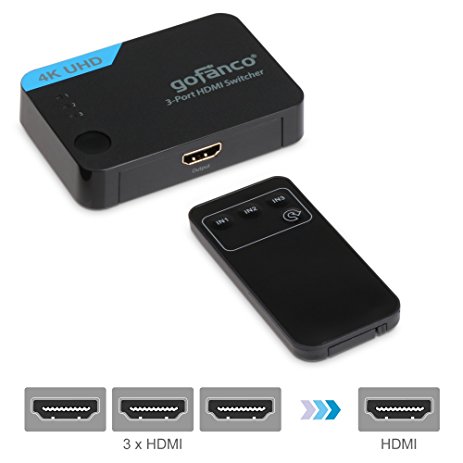 HDMI Switch 4k with remote 3 port 3 in 1 out, gofanco 3 x 1 3 Port HDMI Switch Powered Supports up to Ultra HD 4k@30Hz with IR Remote Control and AC Power Adapter Compliant with HDMI 1.4 HDCP 1.4