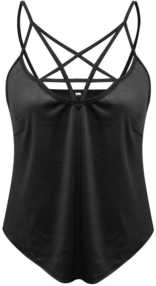 SuperCimi Sexy Crop Tank Top for Gothic Girl Howllow Out Pentagram Ribbed Punk Vest Camis