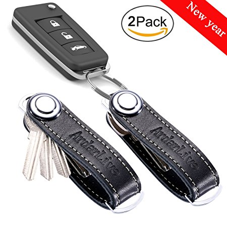 Compact Key Holder,ArderLive Pocket Keychain Organizer (Pack of 2),100% Real Leather for house keys and locker keys(2-16 Keys) - Black