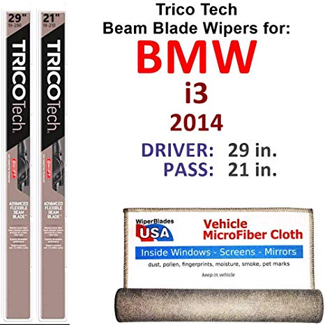 Beam Wiper Blades for 2014 BMW i3 Driver & Passenger Trico Tech Beam Blades Wipers Set of 2 Bundled with Bonus MicroFiber Interior Car Cloth