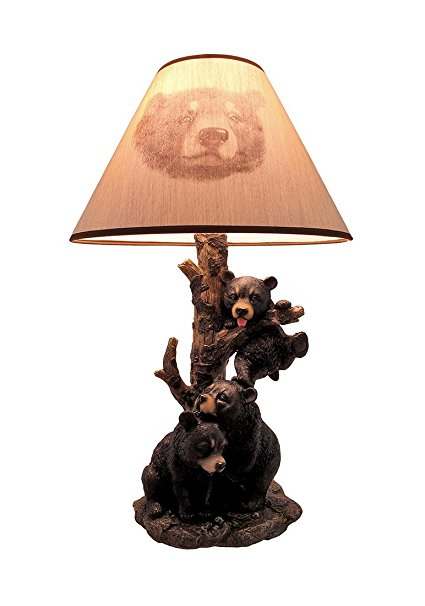 Black Bear Family Table Lamp W/ Tree Bark Print Shade