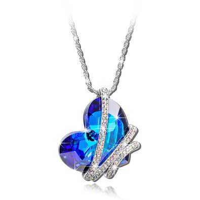 QIANSE Heart of the Ocean Blue SWAROVSKI ELEMENTS Crystals Heart Shape Pendant Necklace Jewelry