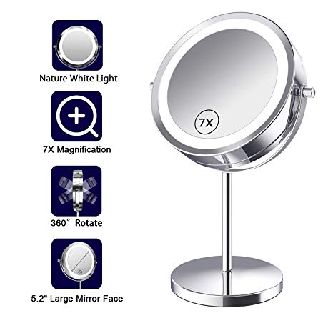Benbilry 7x Magnified Lighted Makeup Mirror – 7 Inch Double Sided LED Vanity Mirror with Magnification, Cosmetic Mirror with Lights for Bathroom or Bedroom Table Top, Battery Operated
