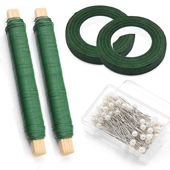 Fomei 2 Packs Floral Arrangement Kit 1/ 2 Inch Floral Tape, 22 Gauge Floral Wire and 100 Pieces Ball Head Pins