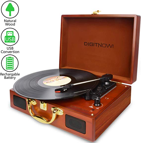 DIGITNOW! Vinyl/LP Turntable Record Player with Natural Wooden Suitcase Turntable , PC Recording Function and Rechargeable , Built-in Speakers, PC Recorder, Headphone Jack, RCA line Out to Acoustics
