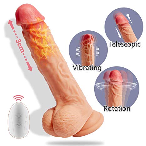 Realistic Vibrating Dildo G-spot Vibrator with Rotation, Recharge Waterproof Telescopic Penis with Suction Cup and Remote Control, Fondlove Vagina and Anal Stimulation Sex Toy for Women and Couple