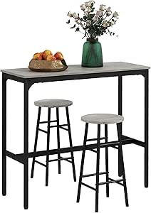 HOMCOM 3 Piece Bar Table Set with 2 Stools, Industrial Bar Table and Stool Set, Dining Table and Chair Set for Small Space, Grey