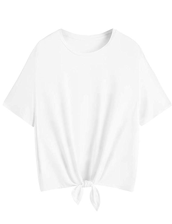 Romwe Women's Short Sleeve Tie Front Knot Casual Loose Fit Tee T-Shirt