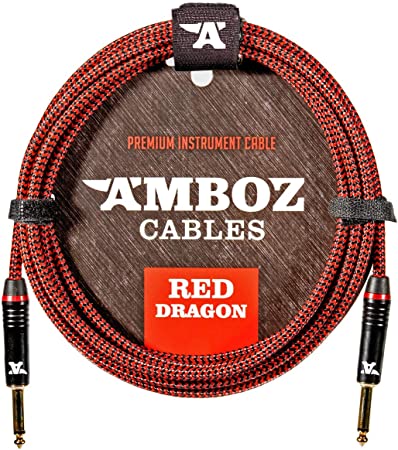 Red Dragon Instrument Cable - Noiseless for Electric Guitar and Bass - 15Foot TS 1/4Inch Straight PL