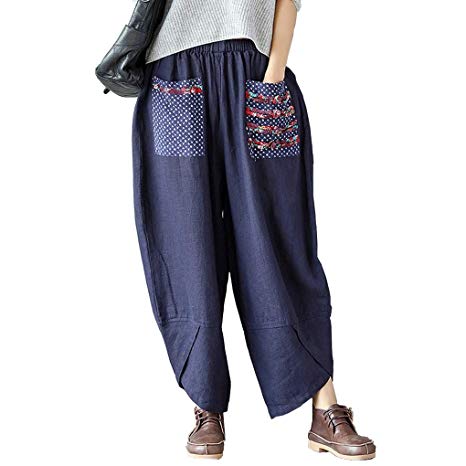 Helisopus Womens Baggy Casual Trousers Cotton Linen Loose Harlan Pants Elastic Waist