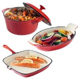 VonShef Cast Iron Dishes Set of 3 Casserole Gratin and Griddle Set Oven to Table Cookware