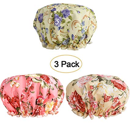 Shower Caps, 3 PACK Bath Cap for Women Waterproof & Adjustable Double Layered Shower Cap (Multi-colored-7)