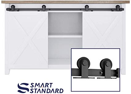 SMARTSTANDARD 5FT Mini Sliding Barn Door Hardware Track Kit -Super Smoothly and Quietly -for Double Opening Cabinet, TV Stand, Closet, Window - Fit 15" Wide Door Panel - T Shape Hanger (NO Cabinet)